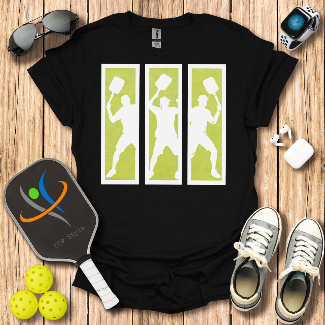 Pickleball Three Frames Art T-Shirt (#1) - Black - DTR Style - Pickleball T-Shirt