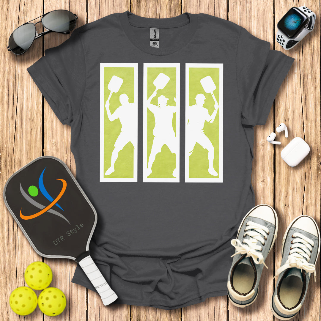 Pickleball Three Frames Art T-Shirt (#1) - Charcoal - DTR Style - Pickleball T-Shirt