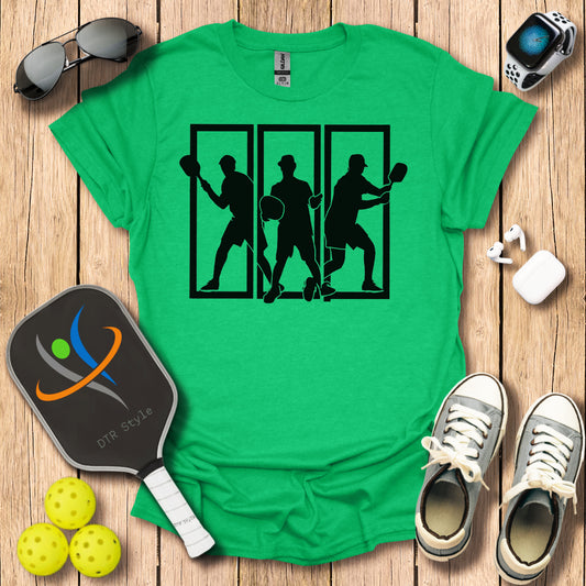 Pickleball Three Frames Art T-Shirt (#3) - Heather Irish Green - DTR Style - Pickleball T-Shirt