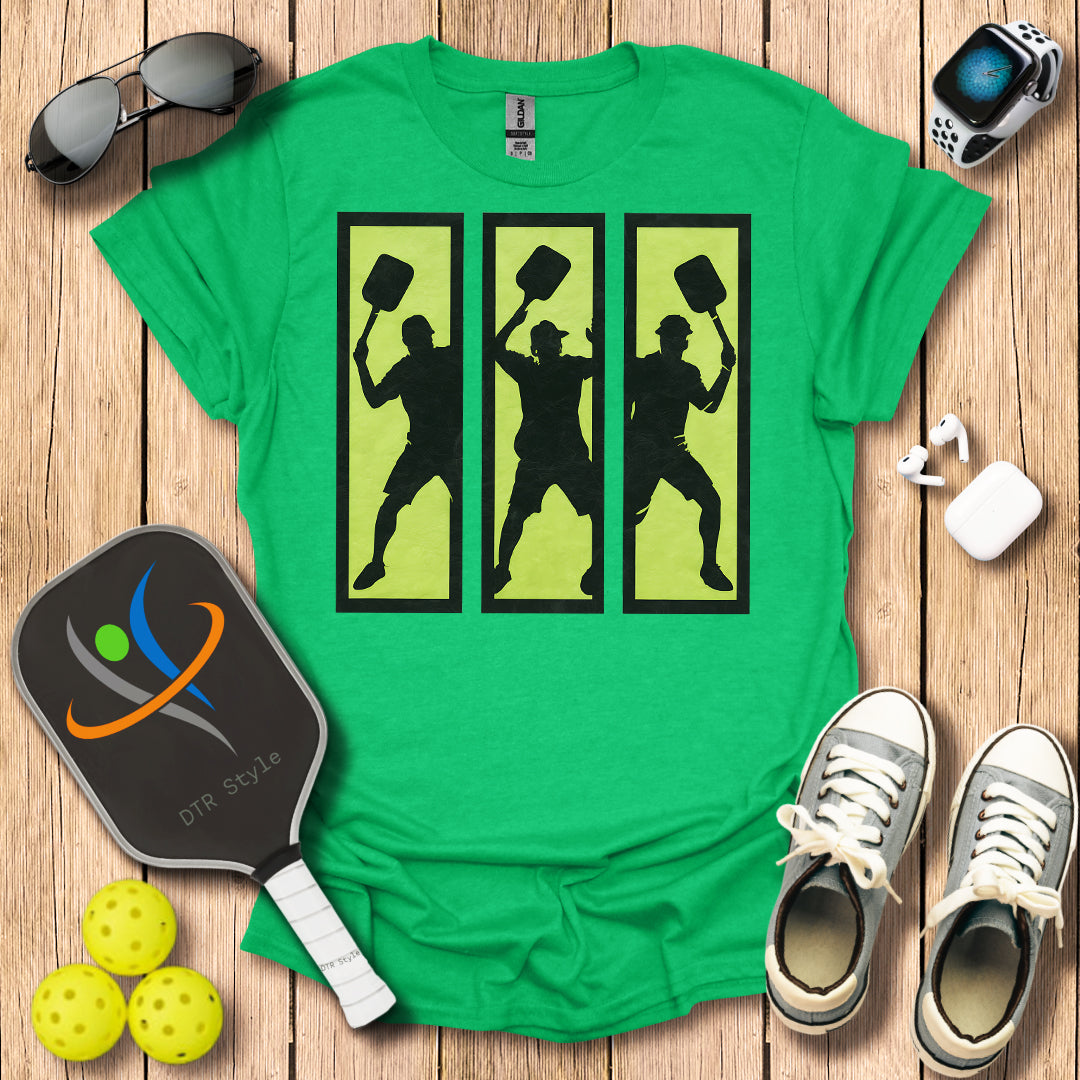 Pickleball Three Frames Art T-Shirt (#1) - Heather Irish Green - DTR Style - Pickleball T-Shirt