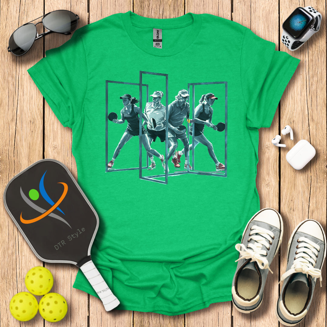 Pickleball Three Frames Art T-Shirt (#4) - Heather Irish Green - DTR Style - Pickleball T-Shirt