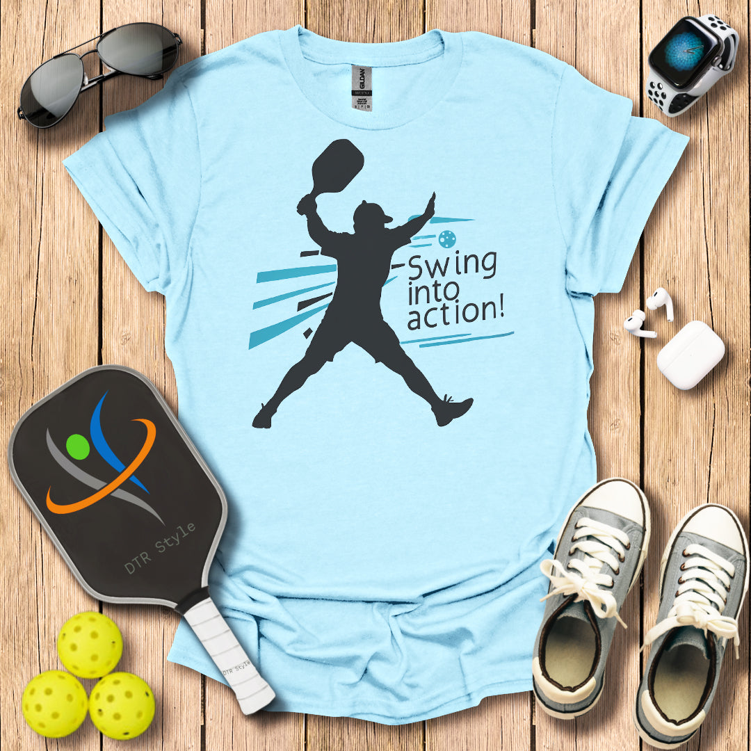 Swing Into Action T-Shirt - Light Blue - DTR Style - Pickleball T-Shirt