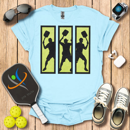 Pickleball Three Frames Art T-Shirt (#1) - Light Blue - DTR Style - Pickleball T-Shirt