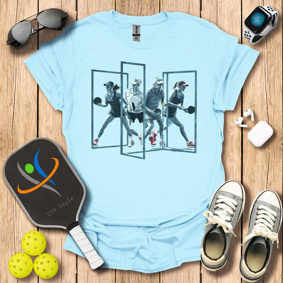 Pickleball Three Frames Art T-Shirt (#4) - Light Blue - DTR Style - Pickleball T-Shirt