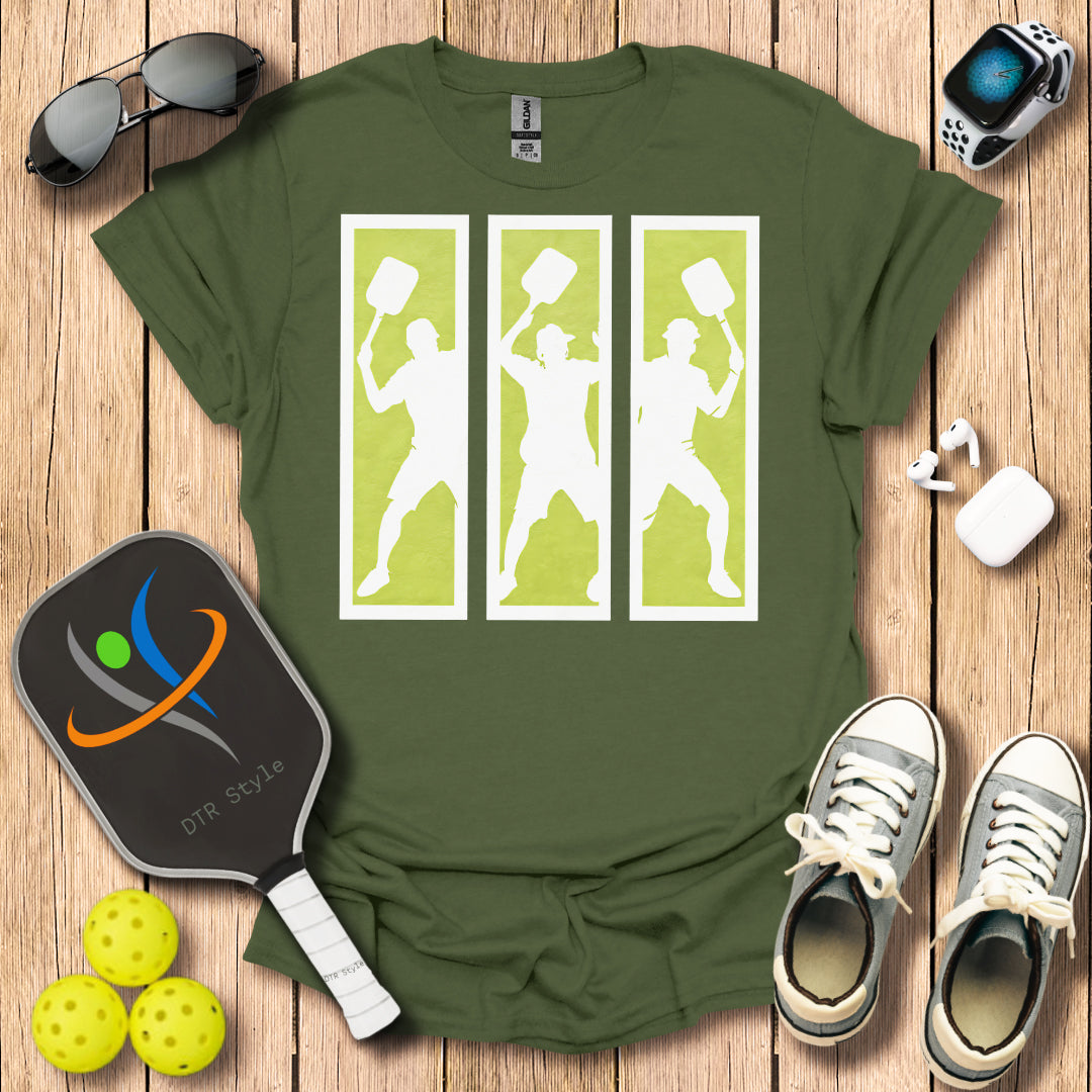 Pickleball Three Frames Art T-Shirt (#1) - Military Green - DTR Style - Pickleball T-Shirt