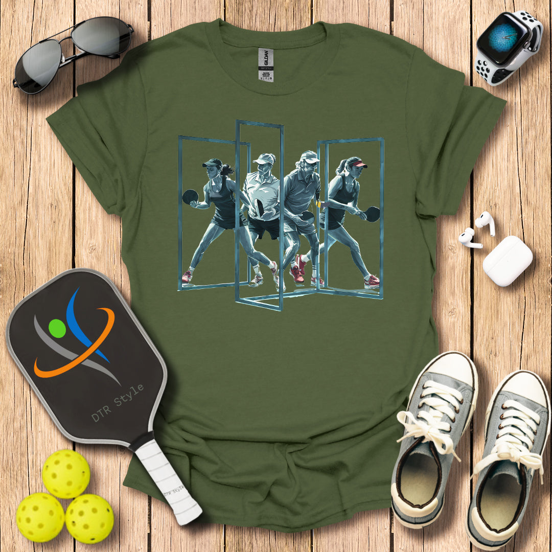 Pickleball Three Frames Art T-Shirt (#4) - Military Green - DTR Style - Pickleball T-Shirt