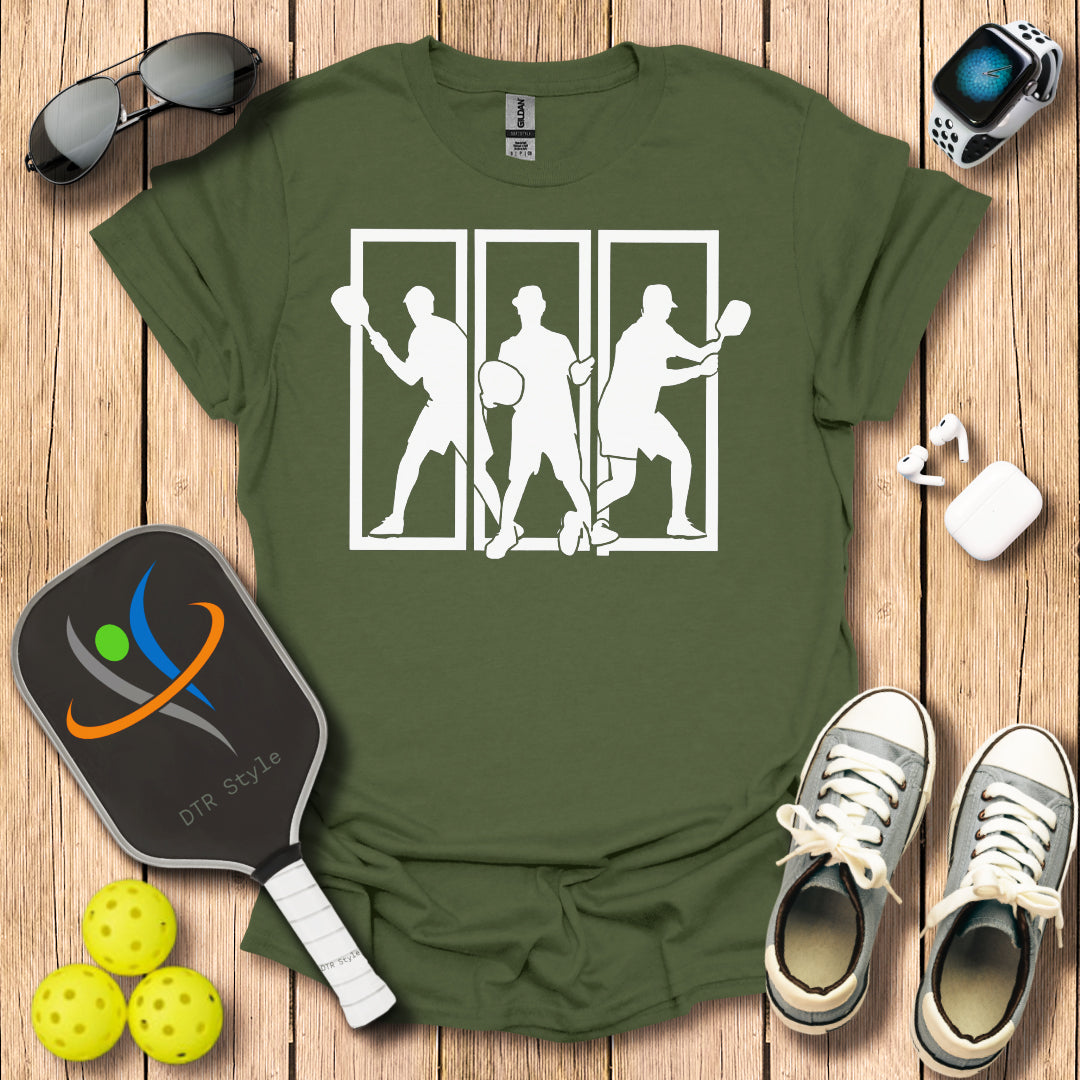 Pickleball Three Frames Art T-Shirt (#3) - Military Green - DTR Style - Pickleball T-Shirt
