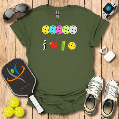 I Love Pickleball T-Shirt (#3) - Military Green - DTR Style - Pickleball T-Shirt