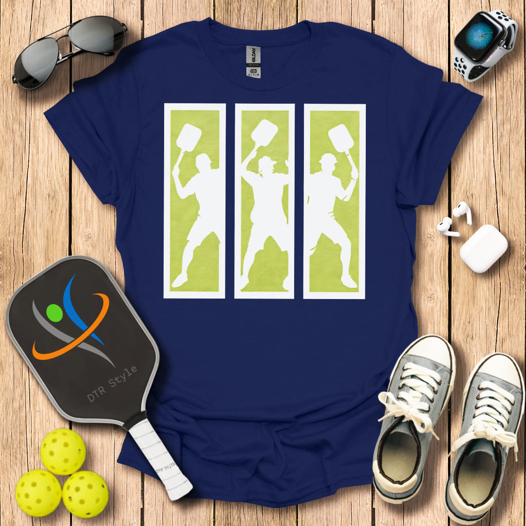 Pickleball Three Frames Art T-Shirt (#1) - Navy - DTR Style - Pickleball T-Shirt