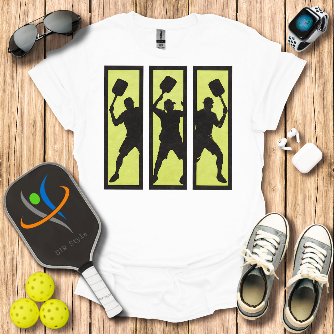 Pickleball Three Frames Art T-Shirt (#1) - White - DTR Style - Pickleball T-Shirt