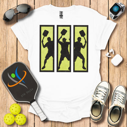 Pickleball Three Frames Art T-Shirt (#1) - White - DTR Style - Pickleball T-Shirt